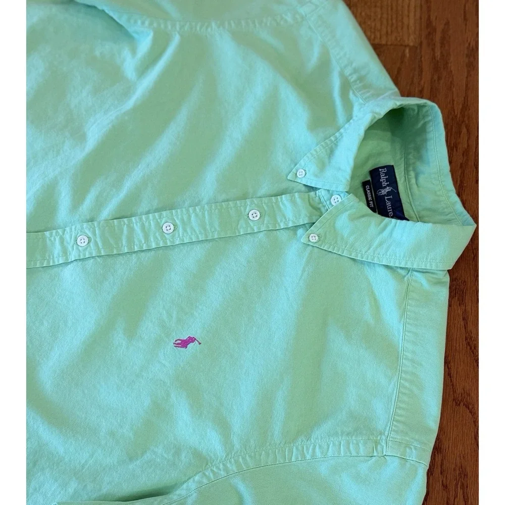 Ralph Lauren Mens XXL Lime Green Short Sleeve Oxford Button Down Pony Logo Shirt